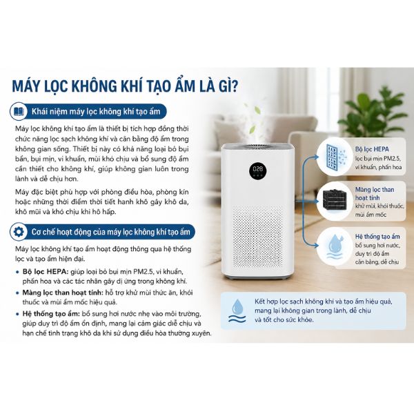Top 6 lợi ích khi sử dụng máy lọc không khí tạo ẩm trong gia đình Máy lọc không khí tạo ẩm là gì