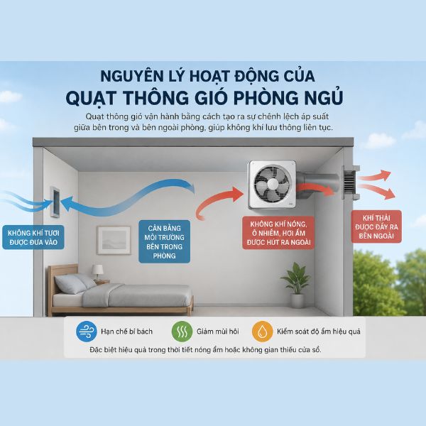 Quạt thông gió phòng ngủ giúp không gian luôn thoáng mát, dễ chịu nguyên lý hoạt động