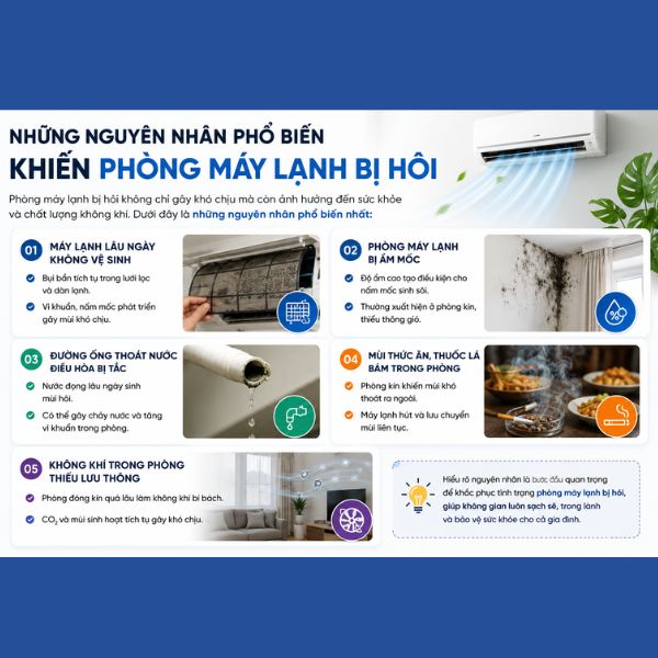 Tại sao phòng máy lạnh bị hôi? Nguyên nhân và cách khắc phục hiệu quả Những nguyên nhân phổ biến khiến phòng máy lạnh bị hôi