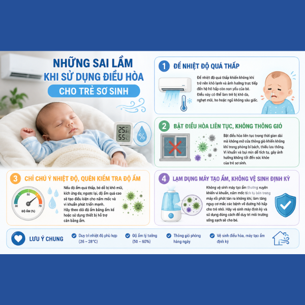 Độ ẩm trong phòng điều hoà cho trẻ sơ sinh bao nhiêu là tốt? Những sai lầm khi sử dụng điều hoà cho trẻ sơ sinh