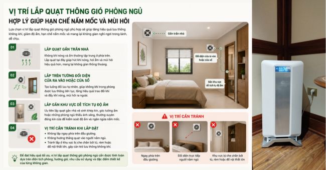 Vị trí lắp quạt thông gió phòng ngủ hợp lý giúp hạn chế nấm mốc và mùi hôi