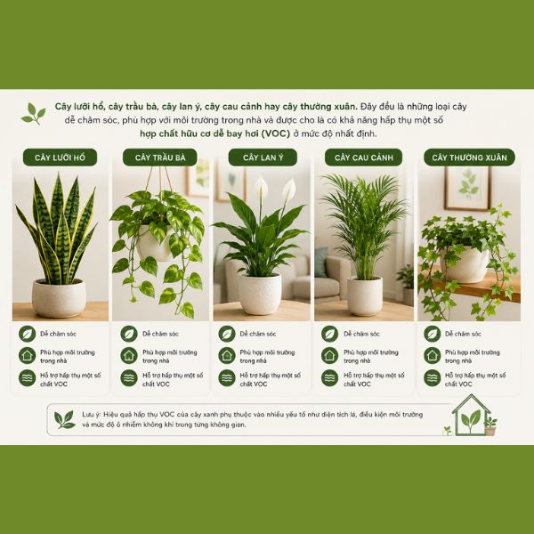 Máy lọc không khí hay cây xanh lọc không khí hiệu quả hơn? Giải đáp chi tiết cây lưỡi hổ, cây trầu bà, cây lan ý, cây cau cảnh hay cây thường xuân.