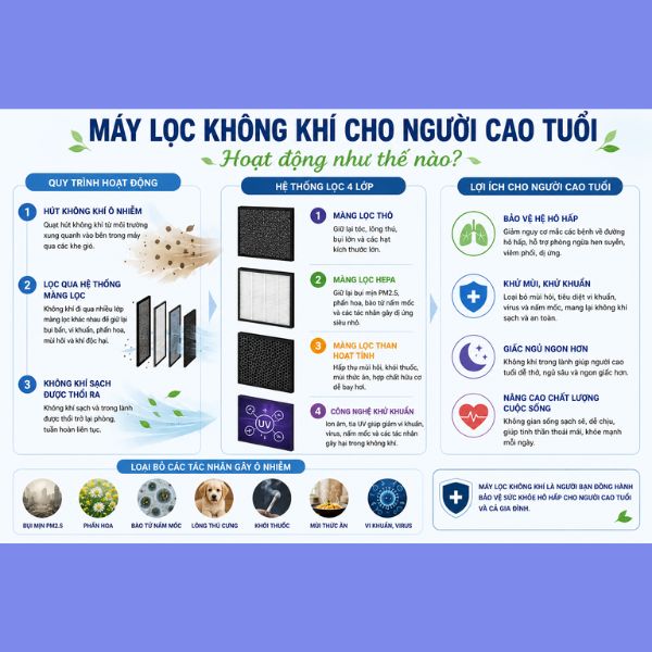 Máy lọc không khí cho người cao tuổi: Giải pháp bảo vệ sức khỏe hô hấp máy lọc không khí hoạt động thế nào